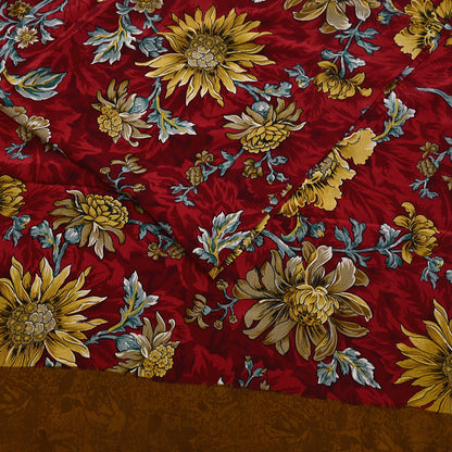 Indian Vintage Sari Red Pure Crepe Silk Printed Saree 5yard Sewing Quilting Floral Soft Craft Fabric Wrap