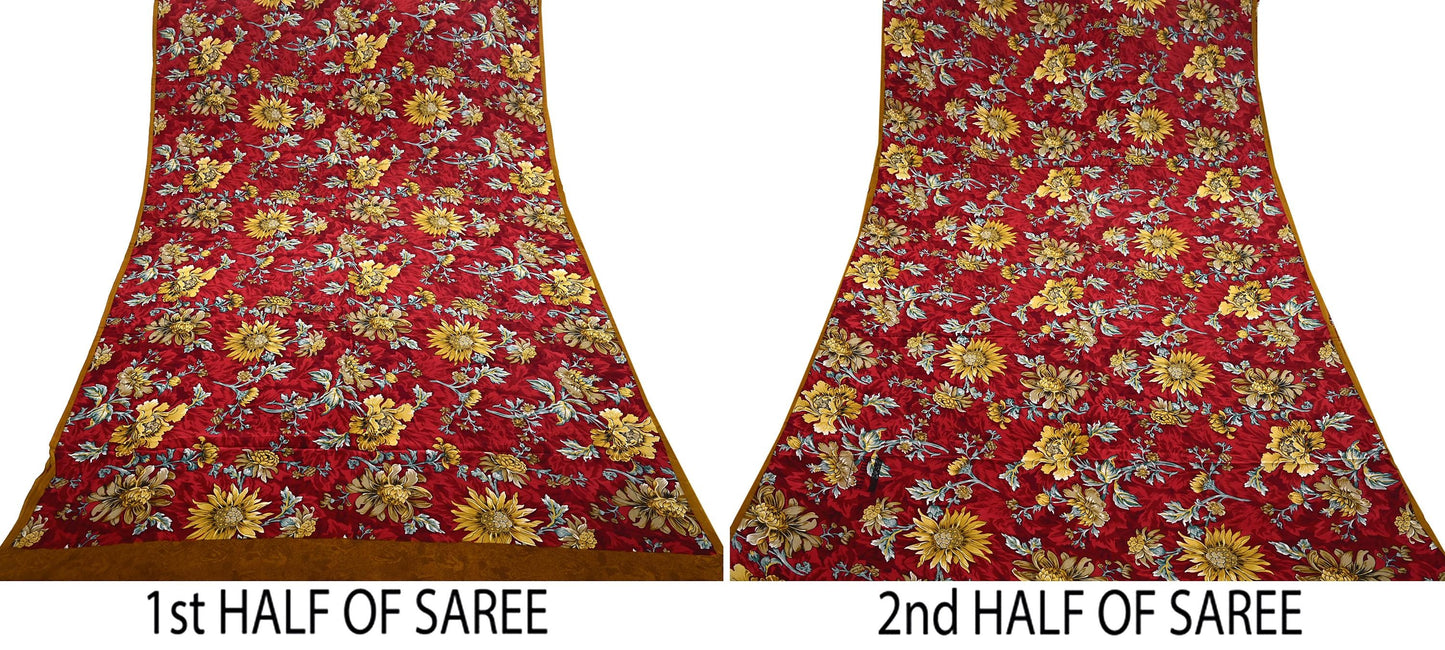 Indian Vintage Sari Red Pure Crepe Silk Printed Saree 5yard Sewing Quilting Floral Soft Craft Fabric Wrap