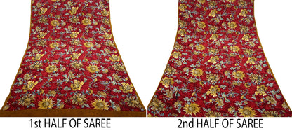Indian Vintage Sari Red Pure Crepe Silk Printed Saree 5yard Sewing Quilting Floral Soft Craft Fabric Wrap