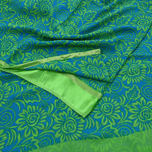 Indian Vintage Sari Blue & Green Pure Georgette Silk Printed Sarees 5Yd Craft Fabric Sewing Quilting Crafting Dress Making
