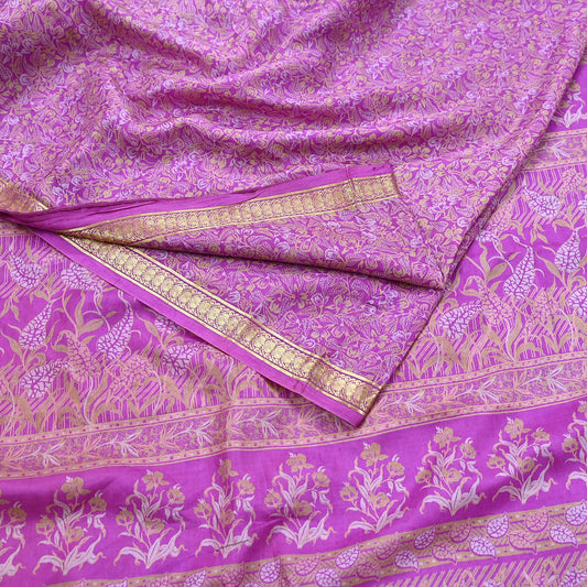Vintage Purple Pure Silk Saree Indian Printed Silk Fabric 5 Yards Boho Craft Material for Sewing, Quilting, Dressmaking, Upcycling