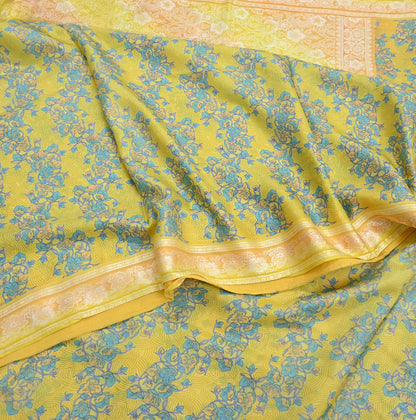 Vintage Sari Yellow Pure Silk Hand Woven Printed Saree Fabric 5yard Sewing Dress Designing for Crafting Quilting Upcycle Soft Border
