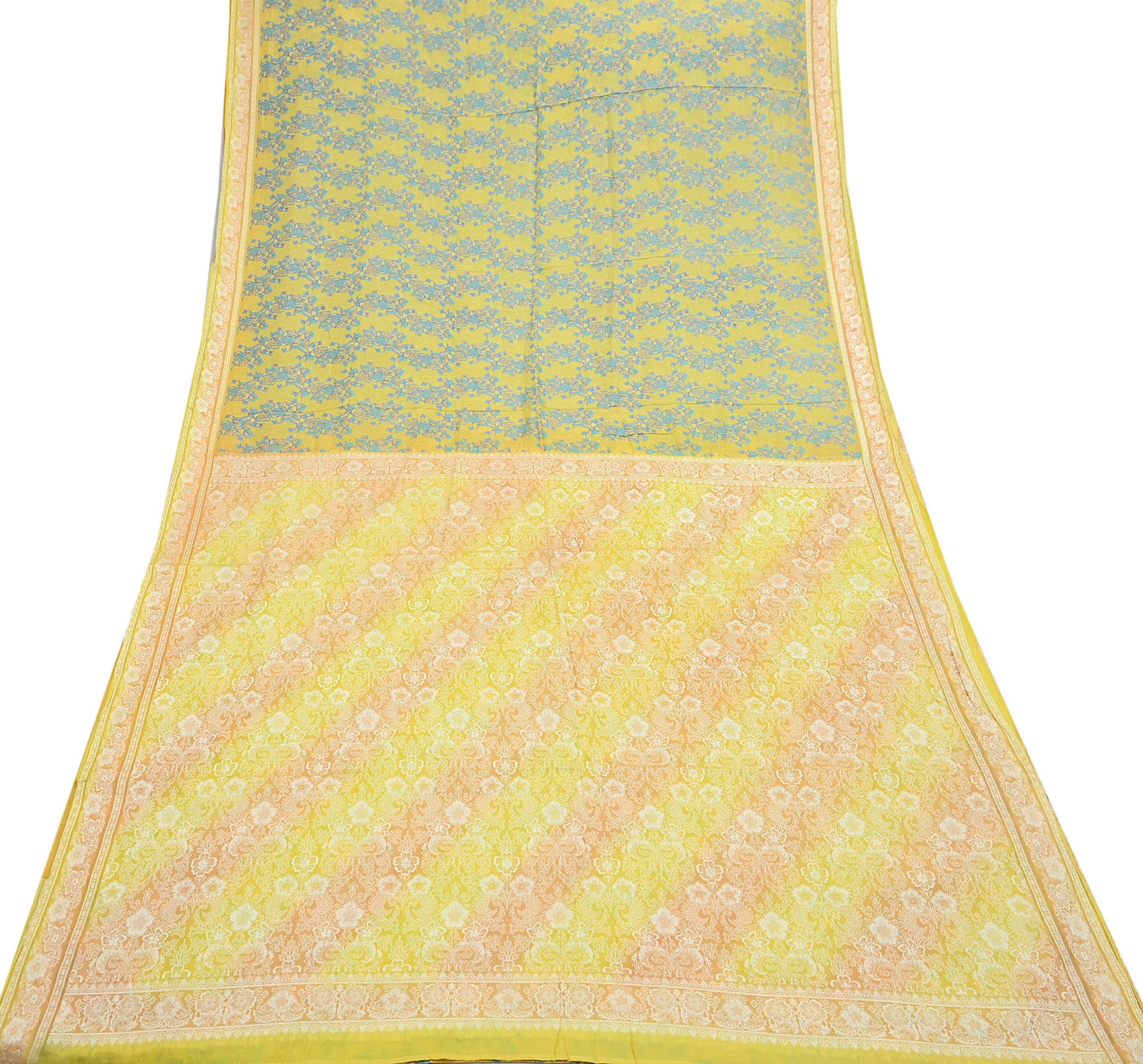 Vintage Sari Yellow Pure Silk Hand Woven Printed Saree Fabric 5yard Sewing Dress Designing for Crafting Quilting Upcycle Soft Border
