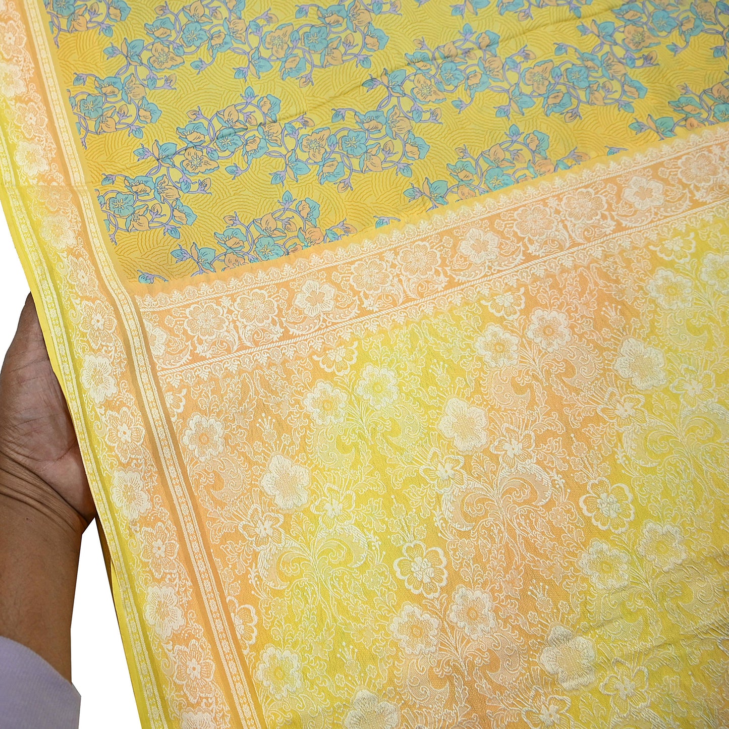 Vintage Sari Yellow Pure Silk Hand Woven Printed Saree Fabric 5yard Sewing Dress Designing for Crafting Quilting Upcycle Soft Border