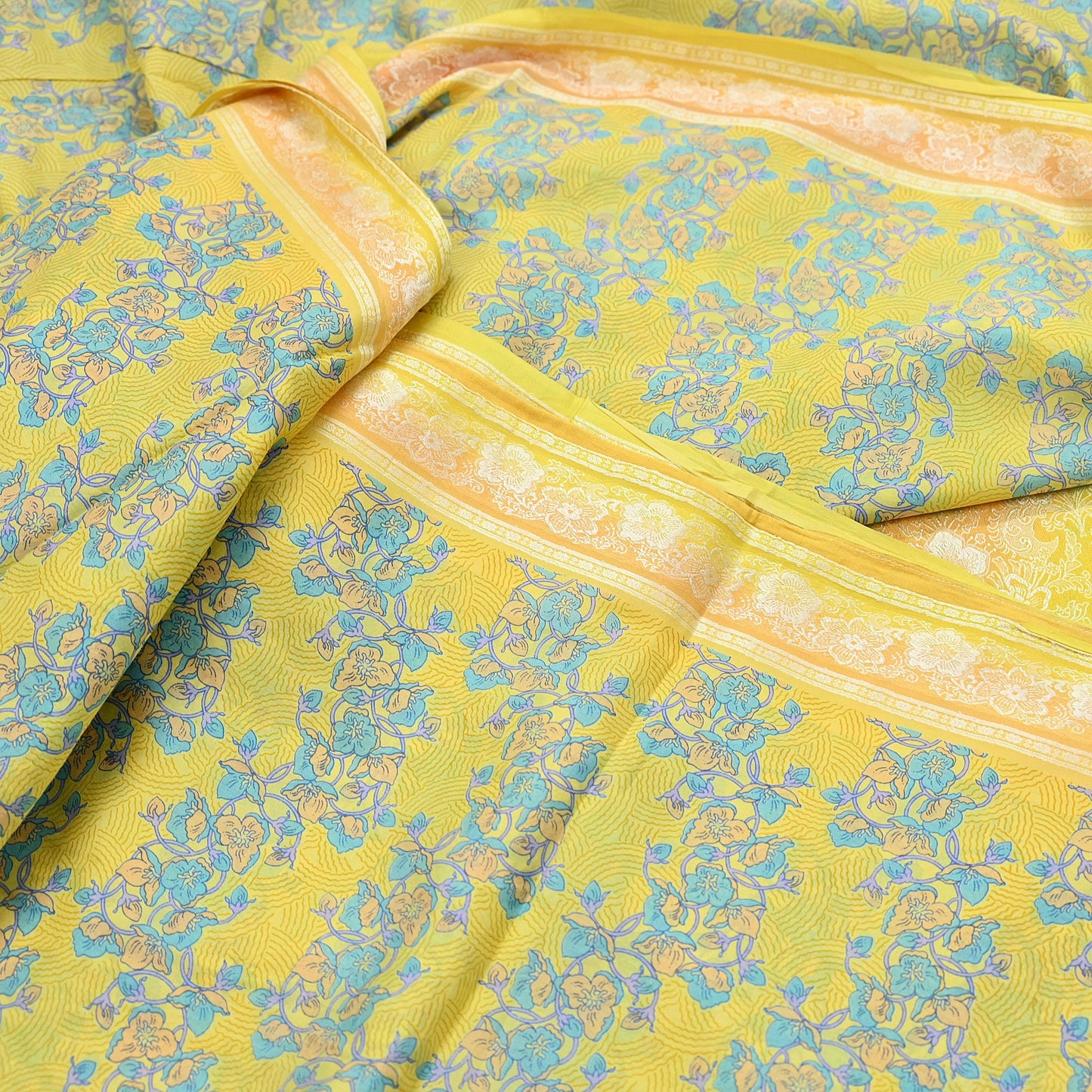 Vintage Sari Yellow Pure Silk Hand Woven Printed Saree Fabric 5yard Sewing Dress Designing for Crafting Quilting Upcycle Soft Border