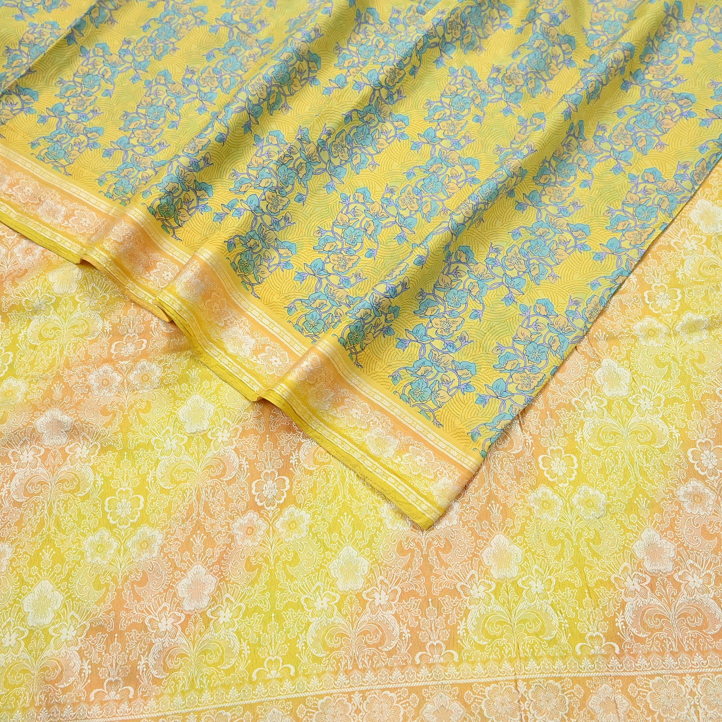 Vintage Sari Yellow Pure Silk Hand Woven Printed Saree Fabric 5yard Sewing Dress Designing for Crafting Quilting Upcycle Soft Border