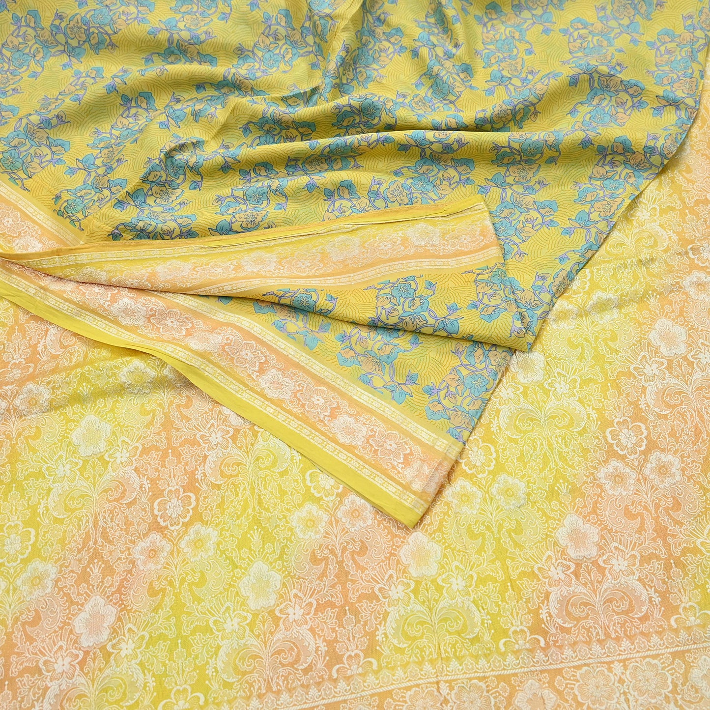 Vintage Sari Yellow Pure Silk Hand Woven Printed Saree Fabric 5yard Sewing Dress Designing for Crafting Quilting Upcycle Soft Border
