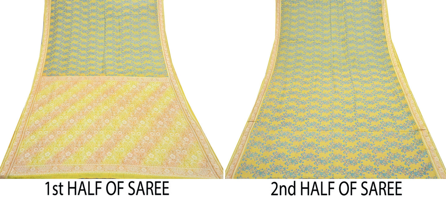 Vintage Sari Yellow Pure Silk Hand Woven Printed Saree Fabric 5yard Sewing Dress Designing for Crafting Quilting Upcycle Soft Border