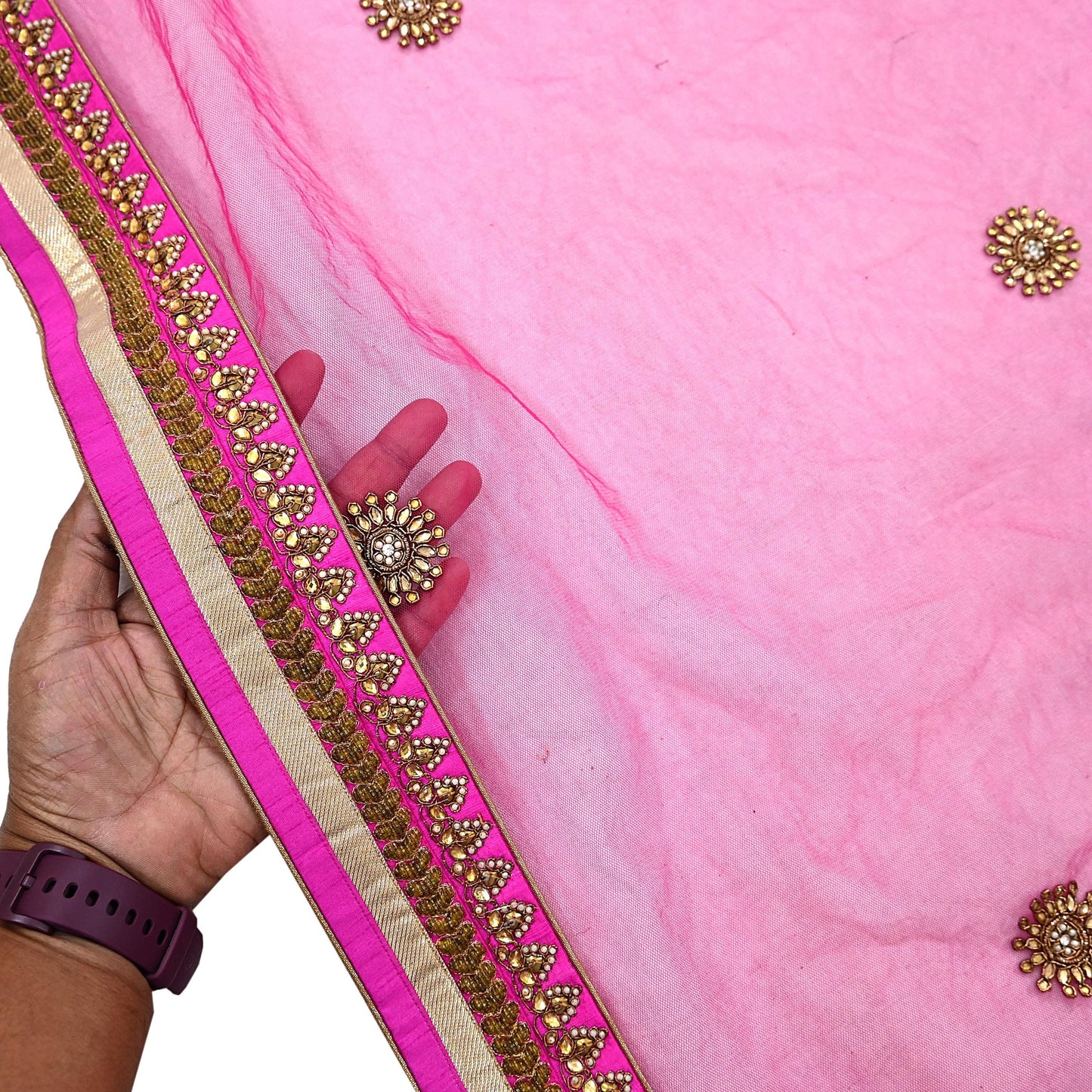 Indian Designer Abu Jani Dupatta Rani Pink Net Mesh Hand Embroidered Zardozi Dabka Bridal Veil Preowned Heavy Scarf