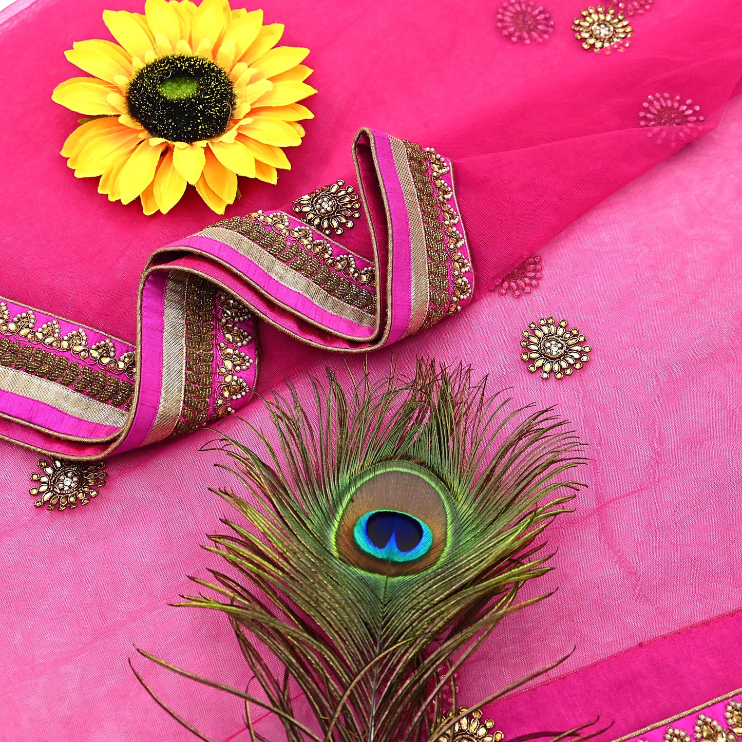 Indian Designer Abu Jani Dupatta Rani Pink Net Mesh Hand Embroidered Zardozi Dabka Bridal Veil Preowned Heavy Scarf