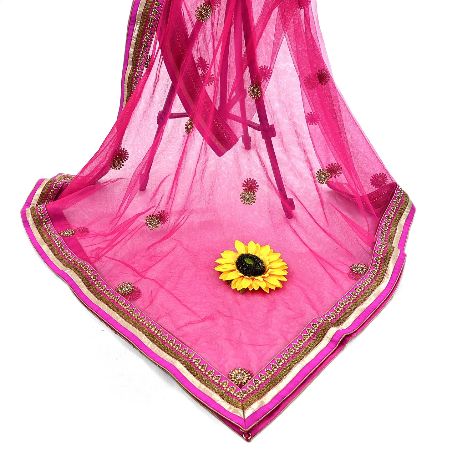 Indian Designer Abu Jani Dupatta Rani Pink Net Mesh Hand Embroidered Zardozi Dabka Bridal Veil Preowned Heavy Scarf