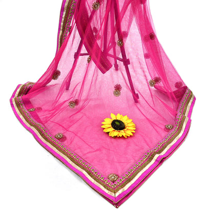 Indian Designer Abu Jani Dupatta Rani Pink Net Mesh Hand Embroidered Zardozi Dabka Bridal Veil Preowned Heavy Scarf