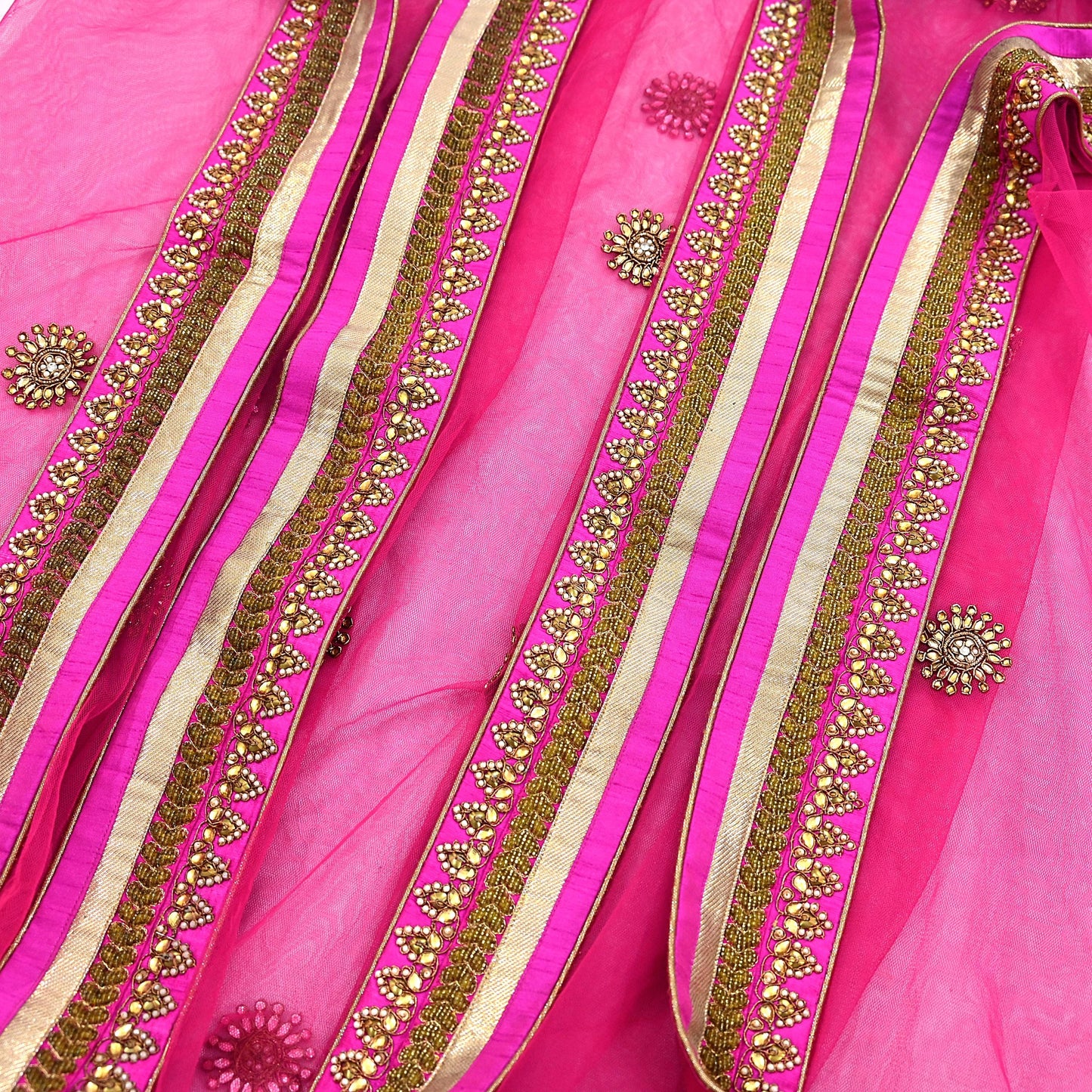 Indian Designer Abu Jani Dupatta Rani Pink Net Mesh Hand Embroidered Zardozi Dabka Bridal Veil Preowned Heavy Scarf