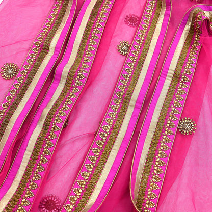 Indian Designer Abu Jani Dupatta Rani Pink Net Mesh Hand Embroidered Zardozi Dabka Bridal Veil Preowned Heavy Scarf