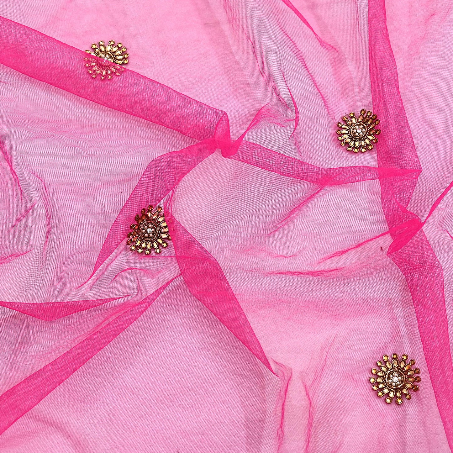 Indian Designer Abu Jani Dupatta Rani Pink Net Mesh Hand Embroidered Zardozi Dabka Bridal Veil Preowned Heavy Scarf