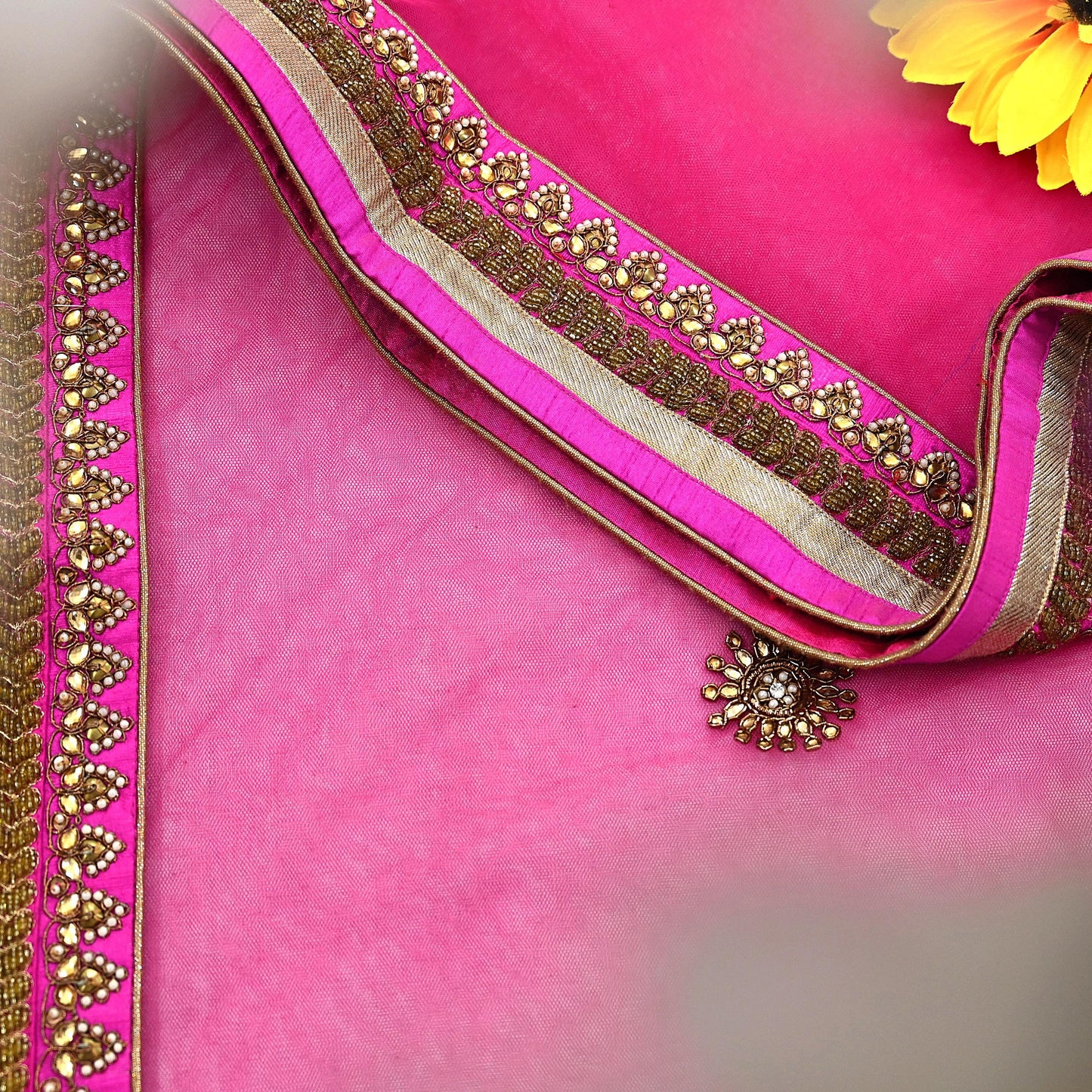 Indian Designer Abu Jani Dupatta Rani Pink Net Mesh Hand Embroidered Zardozi Dabka Bridal Veil Preowned Heavy Scarf