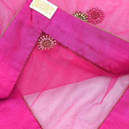 Indian Designer Abu Jani Dupatta Rani Pink Net Mesh Hand Embroidered Zardozi Dabka Bridal Veil Preowned Heavy Scarf