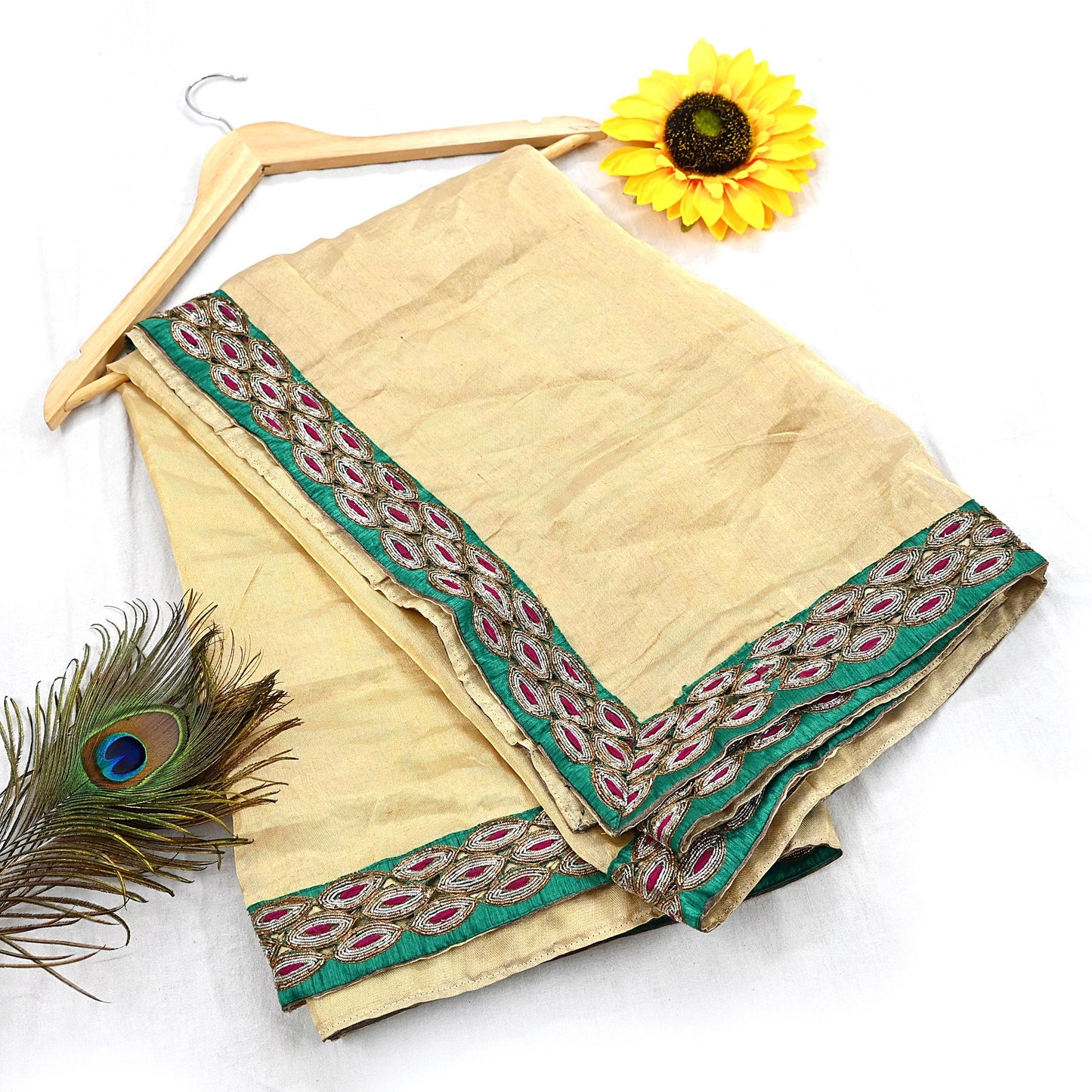 Indian Vintage Heavy Golden Dupatta Tissue Silk Long Stole Hand Embroidered Designer By Sabyasachi Veil Scarves Wedding/Bridal Wear