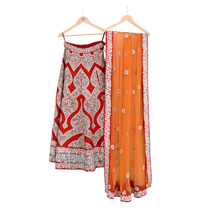 Designer Sabyasachi Red Orange Raw Silk Hand Embroidered Bridal Lehenga 2Pc Set Zardozi Dabka Heavy Wedding Outfit Designer Couture