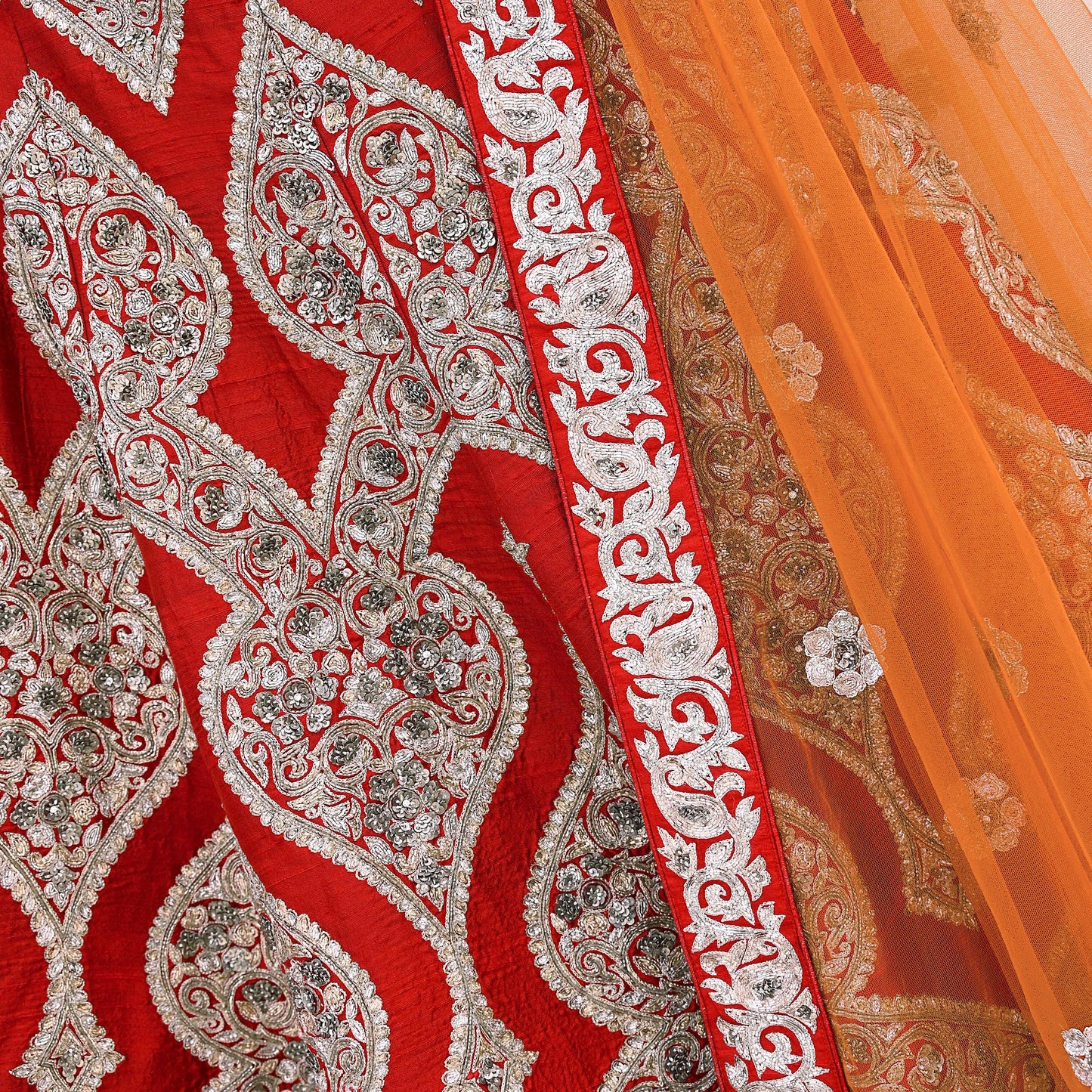 Designer Sabyasachi Red Orange Raw Silk Hand Embroidered Bridal Lehenga 2Pc Set Zardozi Dabka Heavy Wedding Outfit Designer Couture