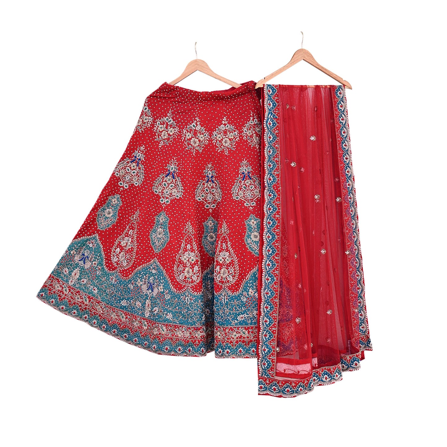Vintage Anamika Khanna Red Satin Silk Net Hand Embroidered Lehenga Dupatta 2pc Set Zardozi Bridal Wear Indian Wedding Couture Outfit