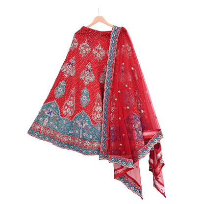 Vintage Anamika Khanna Red Satin Silk Net Hand Embroidered Lehenga Dupatta 2pc Set Zardozi Bridal Wear Indian Wedding Couture Outfit