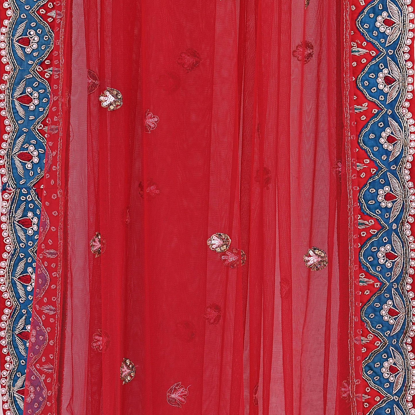 Vintage Anamika Khanna Red Satin Silk Net Hand Embroidered Lehenga Dupatta 2pc Set Zardozi Bridal Wear Indian Wedding Couture Outfit