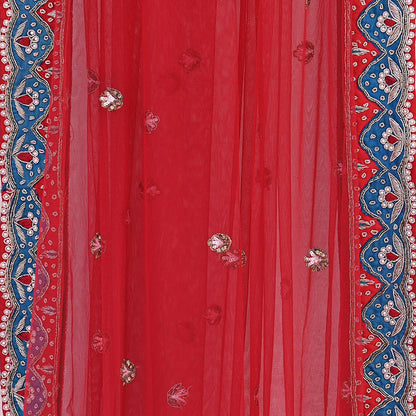 Vintage Anamika Khanna Red Satin Silk Net Hand Embroidered Lehenga Dupatta 2pc Set Zardozi Bridal Wear Indian Wedding Couture Outfit