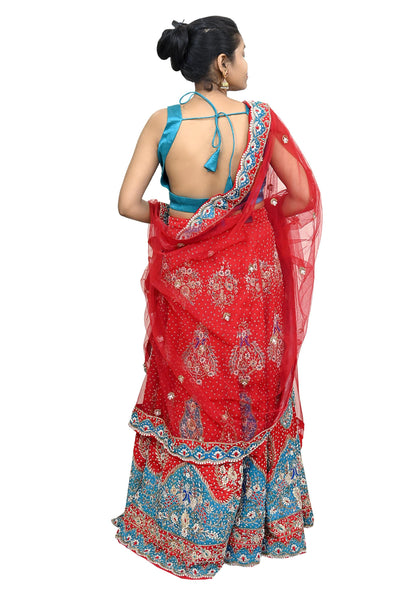Vintage Anamika Khanna Red Satin Silk Net Hand Embroidered Lehenga Dupatta 2pc Set Zardozi Bridal Wear Indian Wedding Couture Outfit