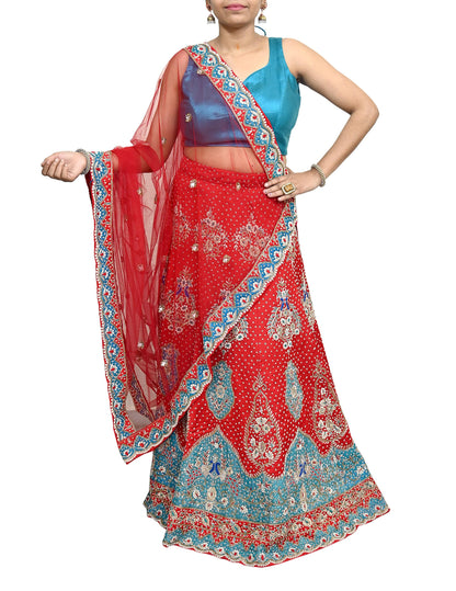 Vintage Anamika Khanna Red Satin Silk Net Hand Embroidered Lehenga Dupatta 2pc Set Zardozi Bridal Wear Indian Wedding Couture Outfit