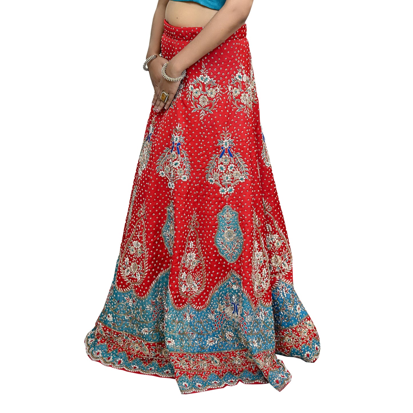 Vintage Anamika Khanna Red Satin Silk Net Hand Embroidered Lehenga Dupatta 2pc Set Zardozi Bridal Wear Indian Wedding Couture Outfit