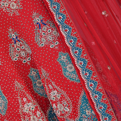 Vintage Anamika Khanna Red Satin Silk Net Hand Embroidered Lehenga Dupatta 2pc Set Zardozi Bridal Wear Indian Wedding Couture Outfit