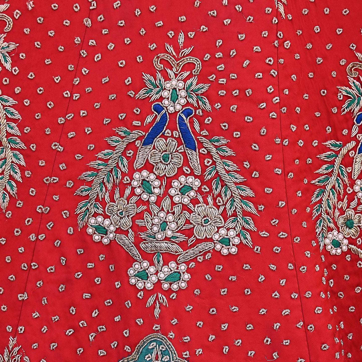 Vintage Anamika Khanna Red Satin Silk Net Hand Embroidered Lehenga Dupatta 2pc Set Zardozi Bridal Wear Indian Wedding Couture Outfit
