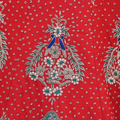 Vintage Anamika Khanna Red Satin Silk Net Hand Embroidered Lehenga Dupatta 2pc Set Zardozi Bridal Wear Indian Wedding Couture Outfit
