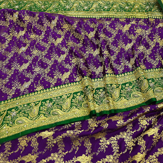 Indian Vintage Purple & Green Heavy Wedding Saree Pure Satin Silk Hand Embroidered Banarsi Brocade Sari Zari/Zardozi/Dabka 5Yd Dressmaking