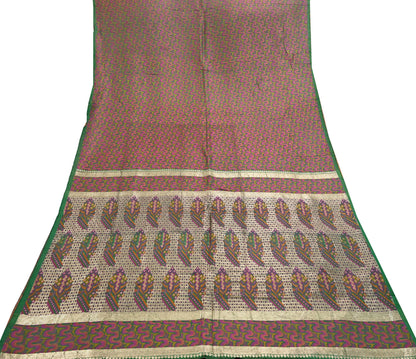 Vintage Green Banarasi Silk Saree Pure Satin Silk Handwoven Tanchoi Fabric with Paisley Weave 5 Yard Dressmaking Craft Material