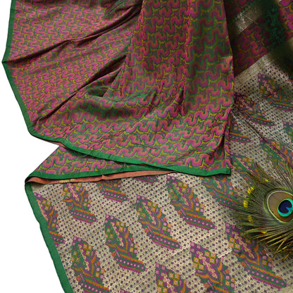 Vintage Green Banarasi Silk Saree Pure Satin Silk Handwoven Tanchoi Fabric with Paisley Weave 5 Yard Dressmaking Craft Material
