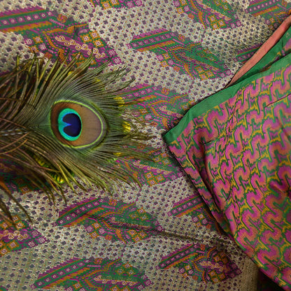Vintage Green Banarasi Silk Saree Pure Satin Silk Handwoven Tanchoi Fabric with Paisley Weave 5 Yard Dressmaking Craft Material