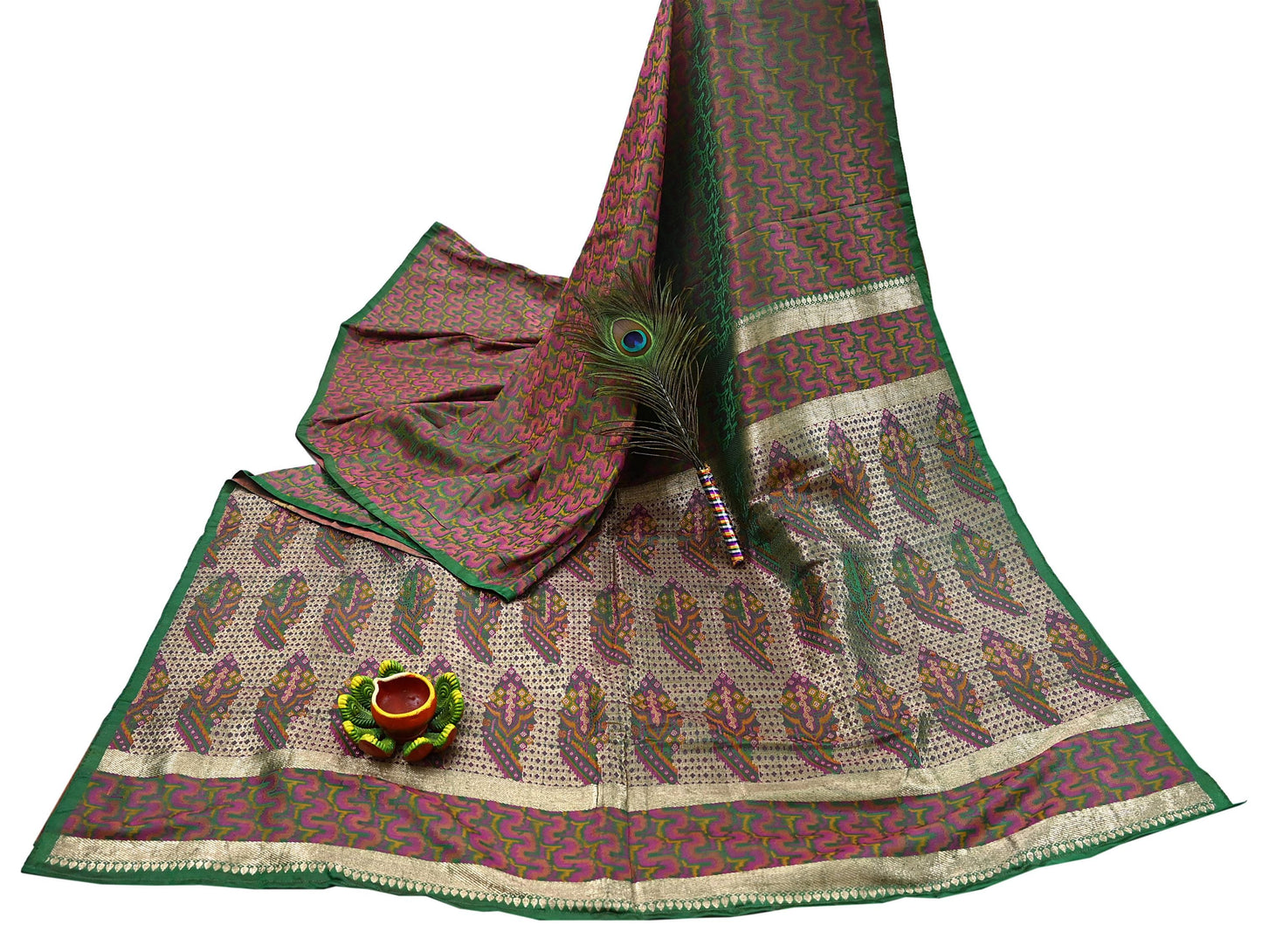 Vintage Green Banarasi Silk Saree Pure Satin Silk Handwoven Tanchoi Fabric with Paisley Weave 5 Yard Dressmaking Craft Material