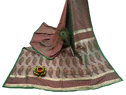 Vintage Green Banarasi Silk Saree Pure Satin Silk Handwoven Tanchoi Fabric with Paisley Weave 5 Yard Dressmaking Craft Material