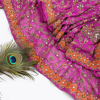 Indian Vintage Heavy Purple Bridal Dupatta Pure Georgette Silk Hand Embroidered Zardozi, Dabka, Zari Work Party Wear Long Stole