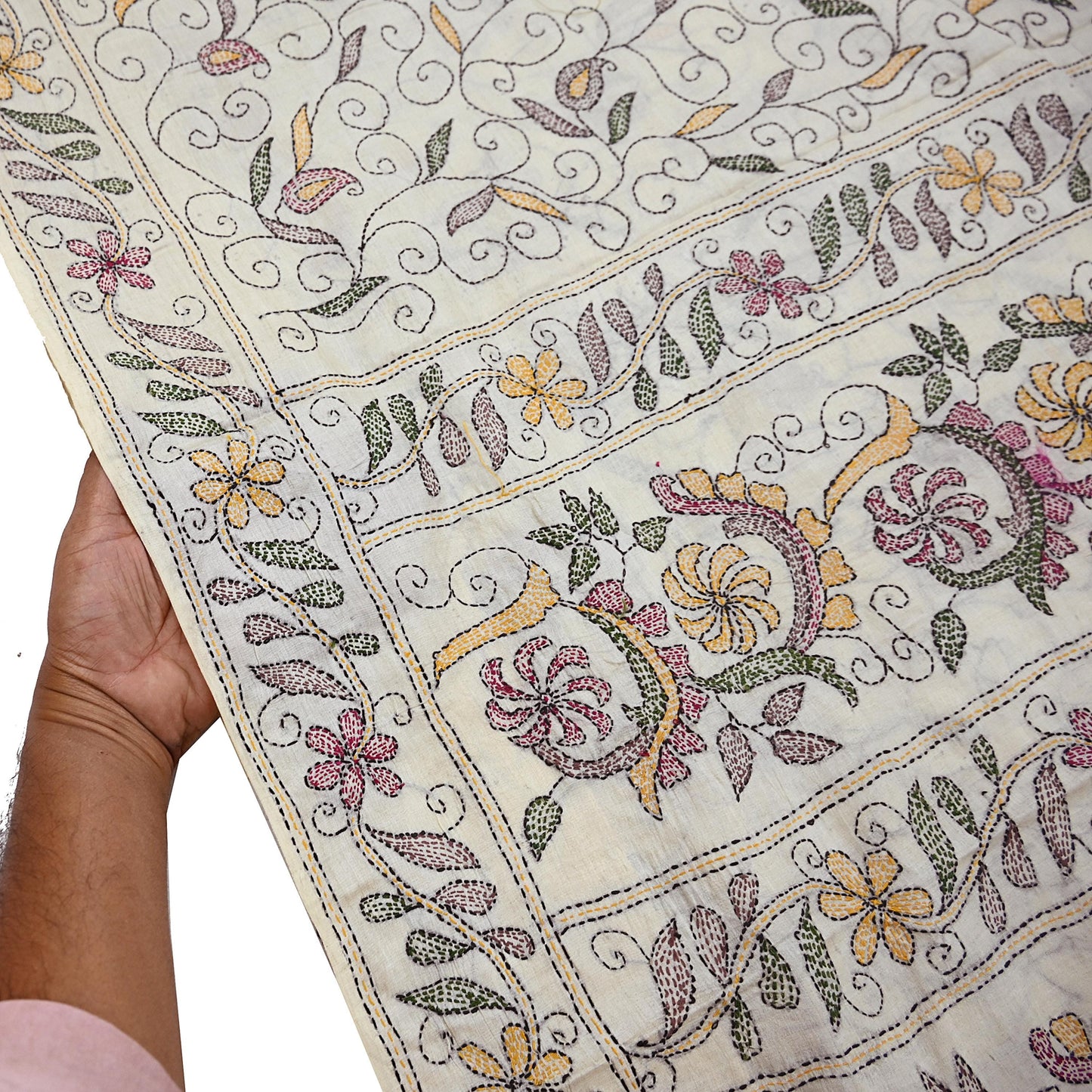 Indian Vintage Ivory Saree 100% Pure Silk Hand Embroidered Kantha Sari Fabric 5Yd Sewing Floral Sequin