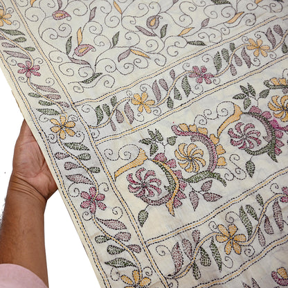 Indian Vintage Ivory Saree 100% Pure Silk Hand Embroidered Kantha Sari Fabric 5Yd Sewing Floral Sequin