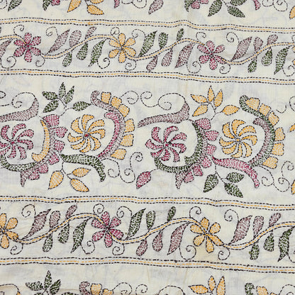 Indian Vintage Ivory Saree 100% Pure Silk Hand Embroidered Kantha Sari Fabric 5Yd Sewing Floral Sequin