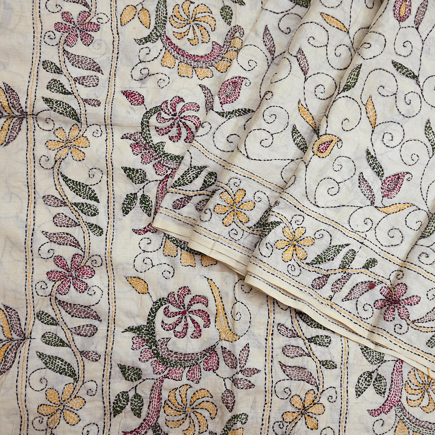 Indian Vintage Ivory Saree 100% Pure Silk Hand Embroidered Kantha Sari Fabric 5Yd Sewing Floral Sequin