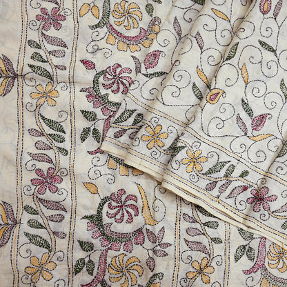 Indian Vintage Ivory Saree 100% Pure Silk Hand Embroidered Kantha Sari Fabric 5Yd Sewing Floral Sequin
