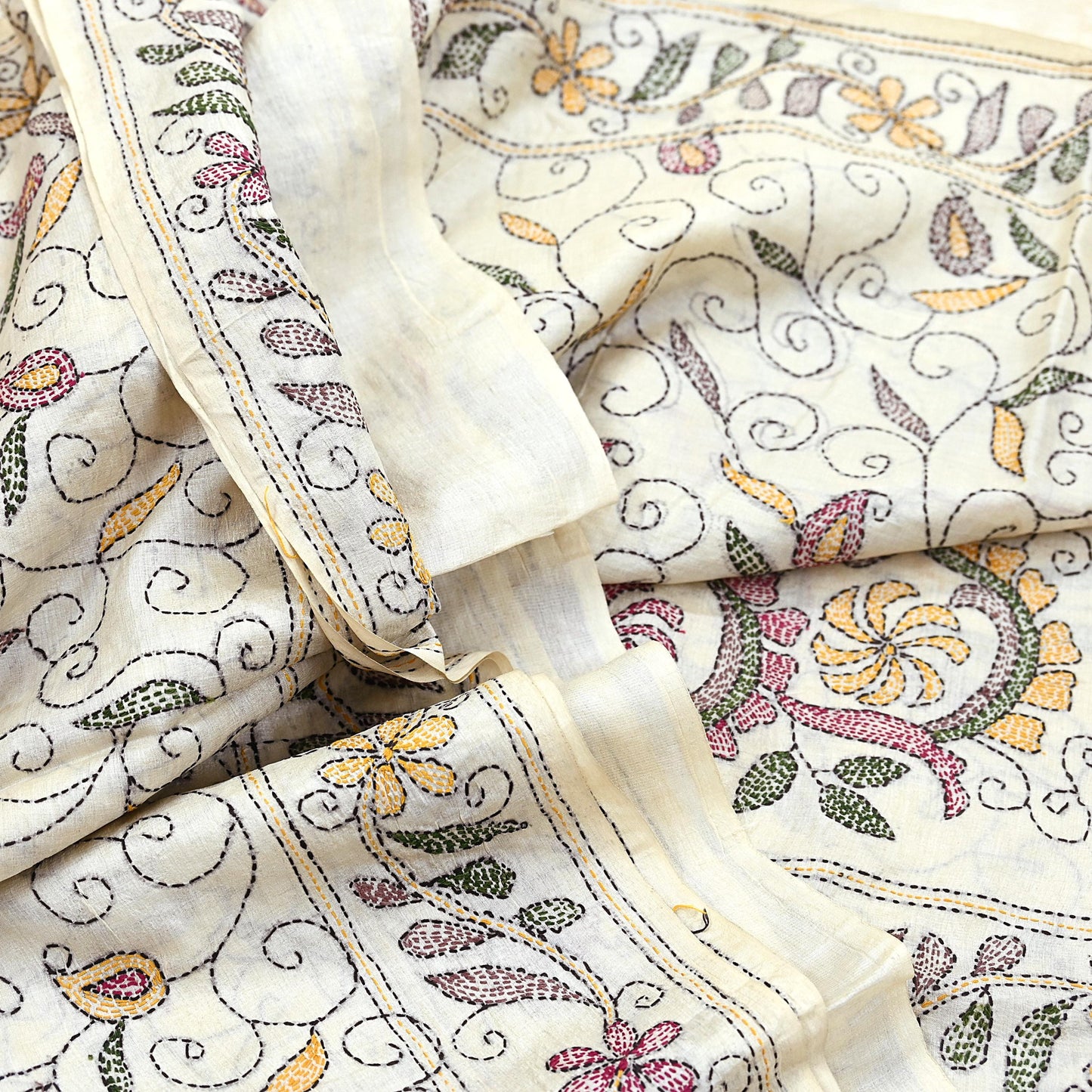 Indian Vintage Ivory Saree 100% Pure Silk Hand Embroidered Kantha Sari Fabric 5Yd Sewing Floral Sequin