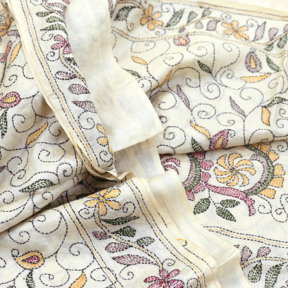 Indian Vintage Ivory Saree 100% Pure Silk Hand Embroidered Kantha Sari Fabric 5Yd Sewing Floral Sequin