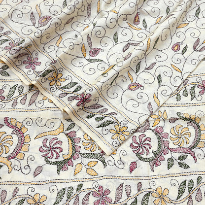 Indian Vintage Ivory Saree 100% Pure Silk Hand Embroidered Kantha Sari Fabric 5Yd Sewing Floral Sequin