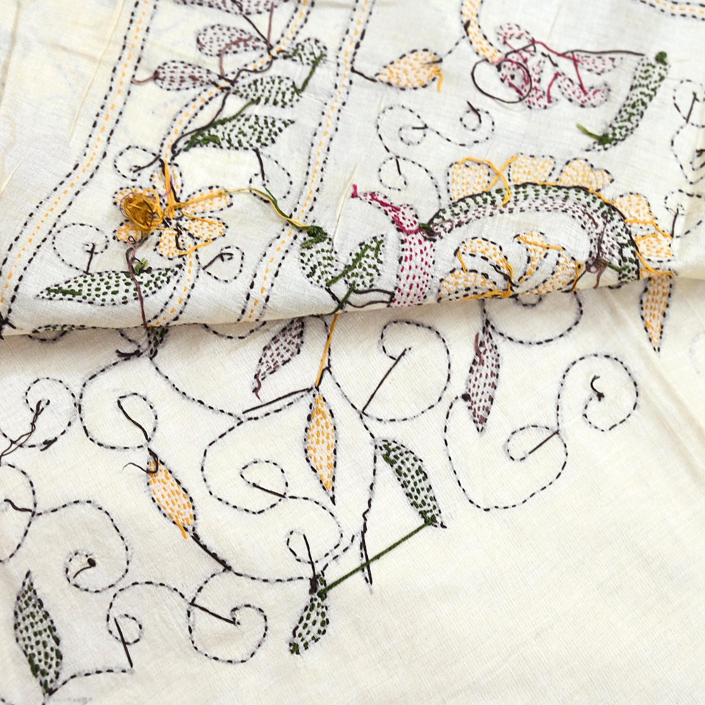 Indian Vintage Ivory Saree 100% Pure Silk Hand Embroidered Kantha Sari Fabric 5Yd Sewing Floral Sequin